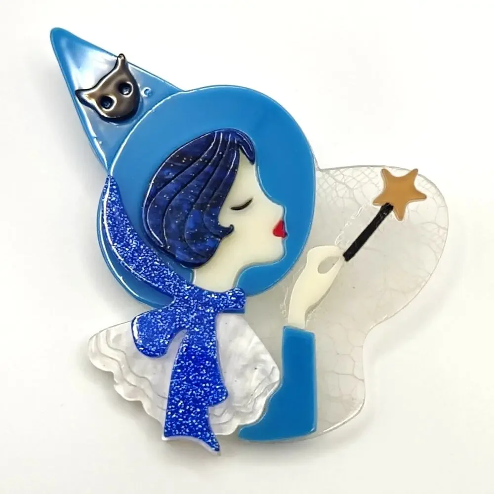 Blue Hat Witch Layered Acrylic Brooch Cat and Wand Halloween Witchy